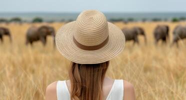 woman in straw hat standing in wheat field photo