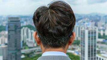 man overlooking cityscape with modern skyscrapers photo