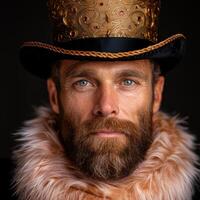 Rugged bearded man in ornate golden crown and fur coat photo