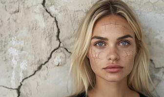 Closeup portrait of a young woman with cracked skin photo