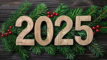 new year 2025 wooden numbers with christmas tree branches and berries photo