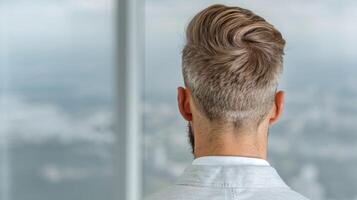 Stylish man with trendy hairstyle looking out window photo