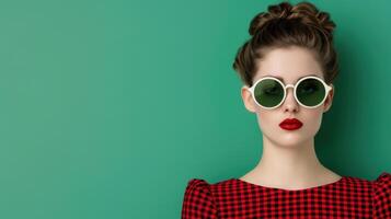 Stylish woman in retro sunglasses and red checkered dress photo