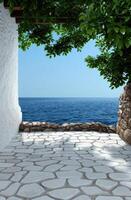 serene mediterranean coastal scene with lush foliage photo