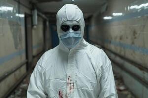 Mysterious figure in hazmat suit in hospital corridor photo