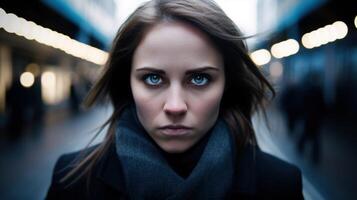 Pensive young woman in winter coat photo