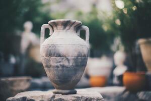 Antique ceramic vase in a garden setting photo