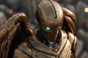 Futuristic robot with glowing green eyes photo