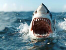 Ferocious great white shark emerging from the ocean photo
