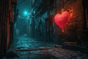 Mysterious alley with glowing heart shaped light photo