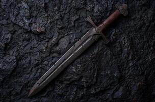 ancient sword on dark cracked surface photo