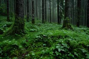 lush green forest with moss covered trees photo
