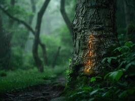 Enchanted forest scene with glowing tree photo