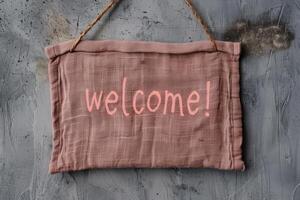 Welcoming sign on rustic background photo
