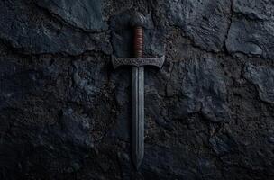 ancient sword in dark cave photo