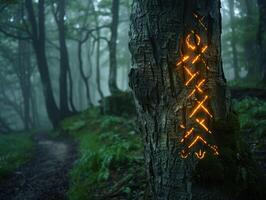 Glowing runes on a tree in a dark forest photo