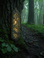 Mysterious forest path with glowing runes on tree photo