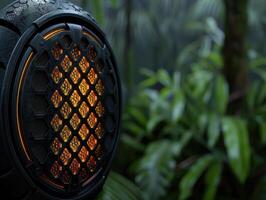 Close up of a futuristic headlight with a honeycomb pattern photo