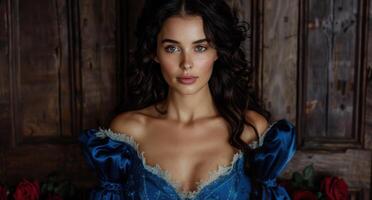 Elegant woman in blue dress posing in rustic setting photo