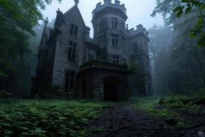 Mysterious abandoned castle in the misty forest photo