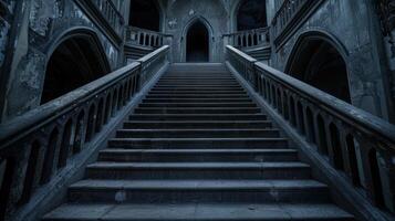 dark and mysterious staircase in an abandoned castle photo