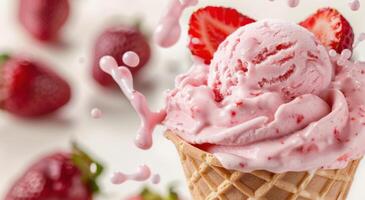 Delicious strawberry ice cream in a waffle cone photo