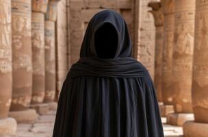 mysterious figure in black cloak standing in ancient ruins photo