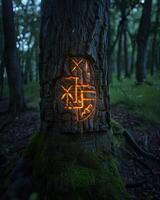 Glowing Pagan Symbol on Tree in Mysterious Forest photo