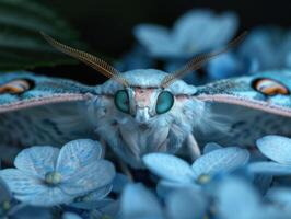 Closeup of a beautiful blue butterfly with large eyes and antennae photo