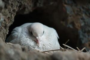 Sleeping white dove in nest photo