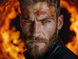 intense bearded man with fiery background photo