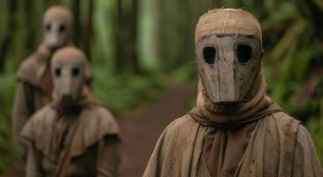 mysterious hooded figures in the forest photo