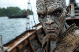 Rugged warrior with painted face in a boat on the water photo