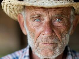 Weathered face of an elderly man with a straw hat photo