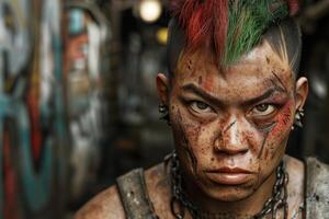 Intense portrait of a rugged man with face paint and piercings photo