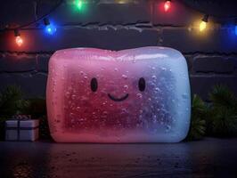 Colorful inflatable cube with smiley face in festive setting photo