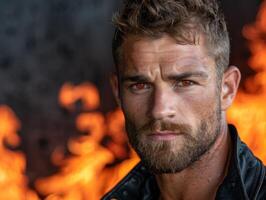 intense man with beard in front of fire photo