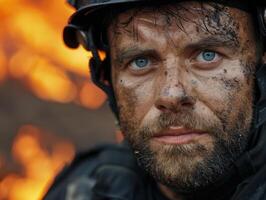 close up portrait of a rugged man with a beard in a military helmet photo