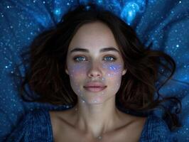 Enchanting woman with sparkling makeup in a mystical blue background photo