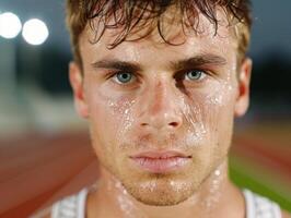 close up portrait of a sweaty man with intense expression photo