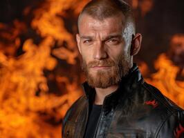 intense bearded man in leather jacket against fiery background photo