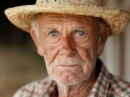 portrait of an elderly man with a weathered face and straw hat photo