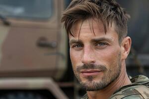 Rugged man with stubble and windblown hair photo