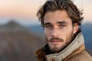 Rugged man with windblown hair and beard in outdoor setting photo