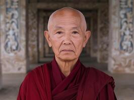 portrait of an elderly asian monk in a red robe photo