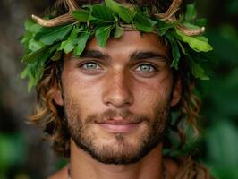 man with green leaf crown in nature photo