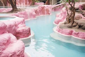Surreal winter wonderland with pink frozen pools photo