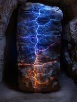 Dramatic lightning bolt illuminating a dark cave photo