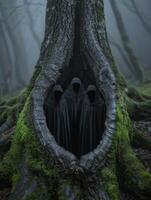 mysterious hooded figures in a dark forest photo