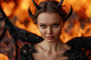 Mysterious woman with horns in fiery background photo